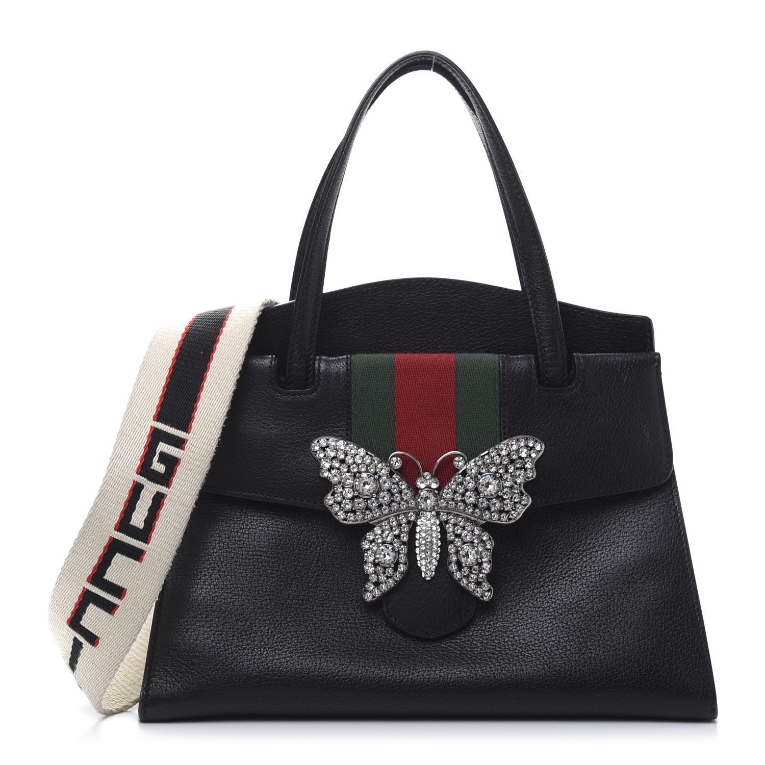 Gucci Grained Calfskin Web Crystal Butterfly Stripe Medium Totem Top Handle Bag Black 1 of 14
