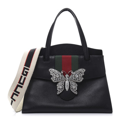 Gucci Grained Calfskin Web Crystal Butterfly Stripe Medium Totem Top Handle Bag Black 1 of 14
