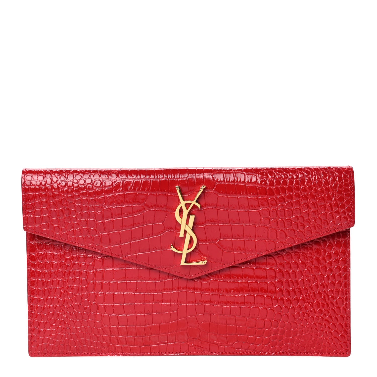 Saint Laurent Calfskin Crocodile Embossed Uptown Monogram Clutch Rouge Eros 1 of 4