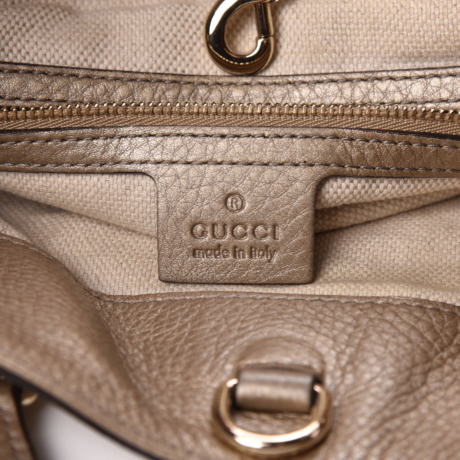 Gucci Metallic Pebbled Calfskin Medium Soho Chain Shoulder Bag Golden Beige 8 of 10