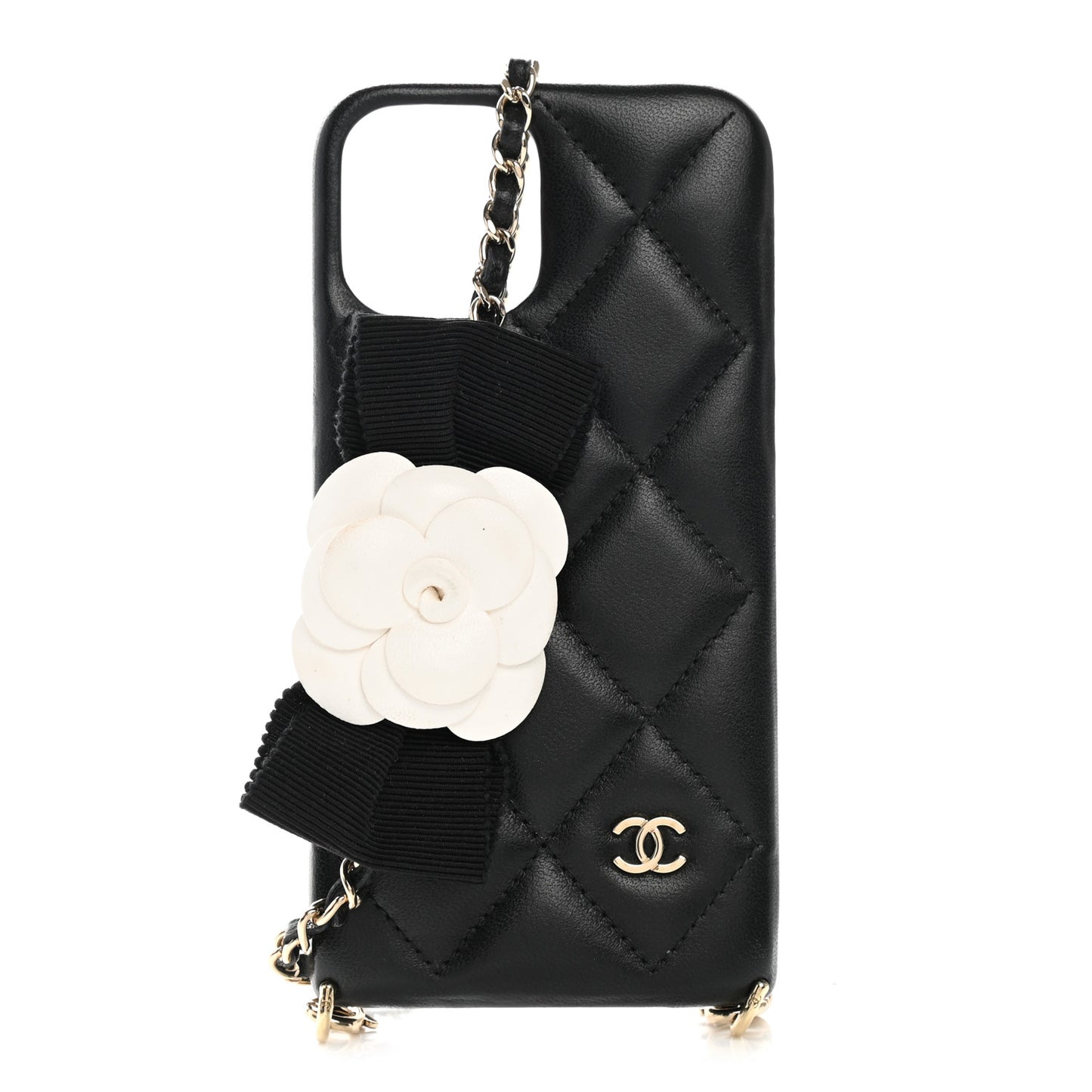 Lambskin Quilted Camellia Bow iPhone XII Pro Holder With Chain Black