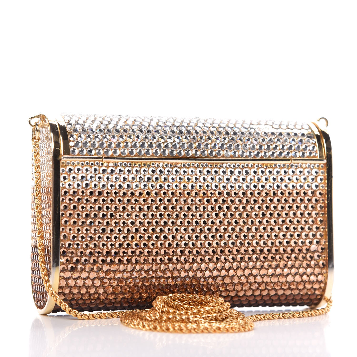 Judith Leiber Swarovski Crystal Striped Minaudiere Clutch Silver Gold 3 of 9