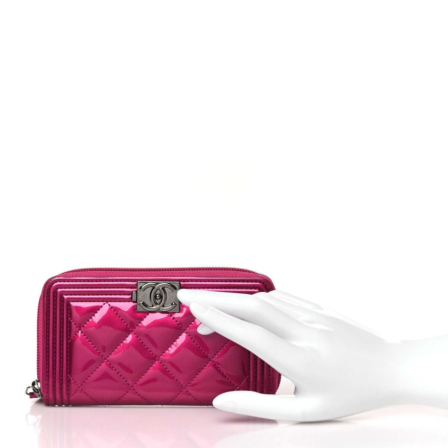 Chanel Metallic Patent Quilted Boy Zip Around Wallet Fuchsia 2 of 10