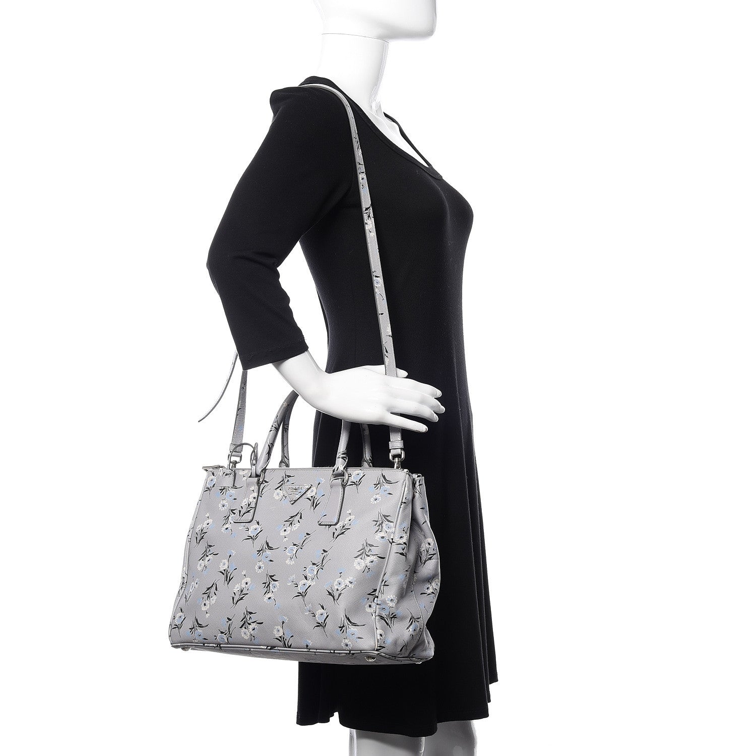 Prada Saffiano Floral Print Medium Galleria Double Zip Tote Acciaio 2 of 8