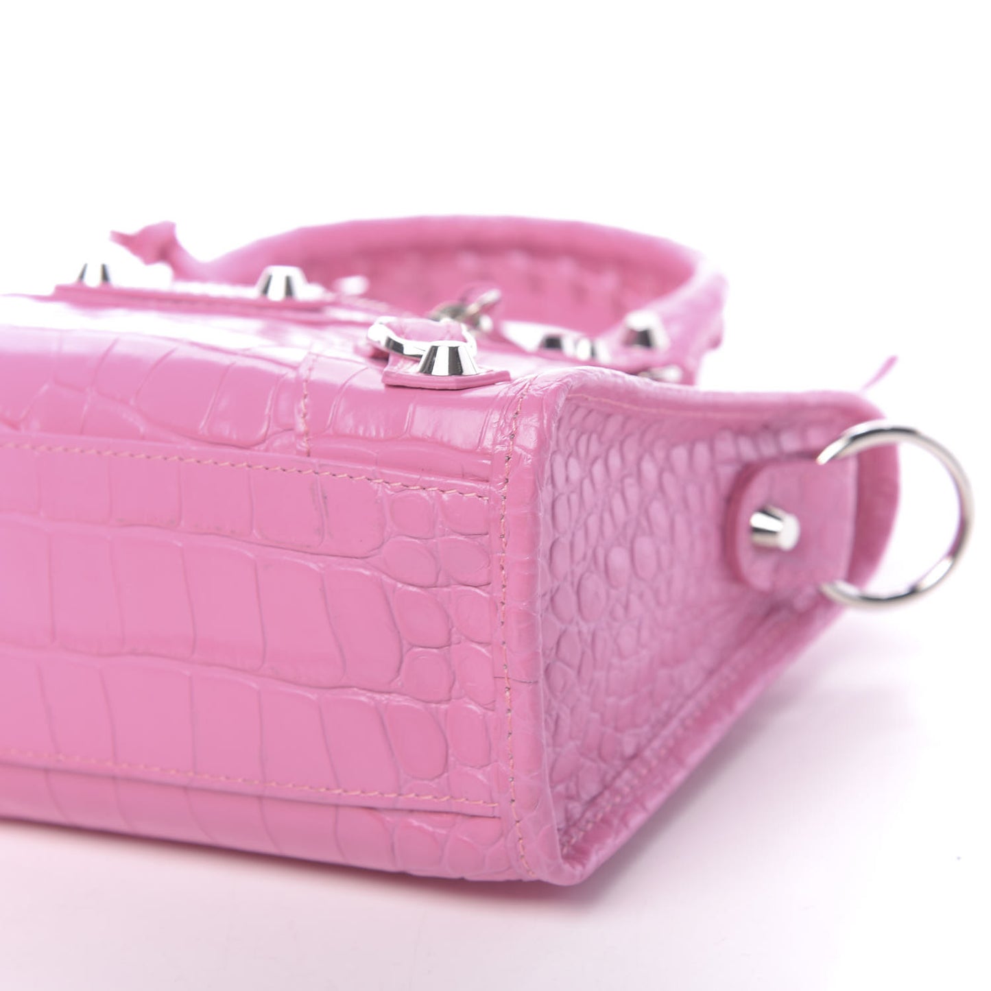 Shiny Supple Calfskin Crocodile Embossed Classic Silver Hardware Mini City Baby Pink