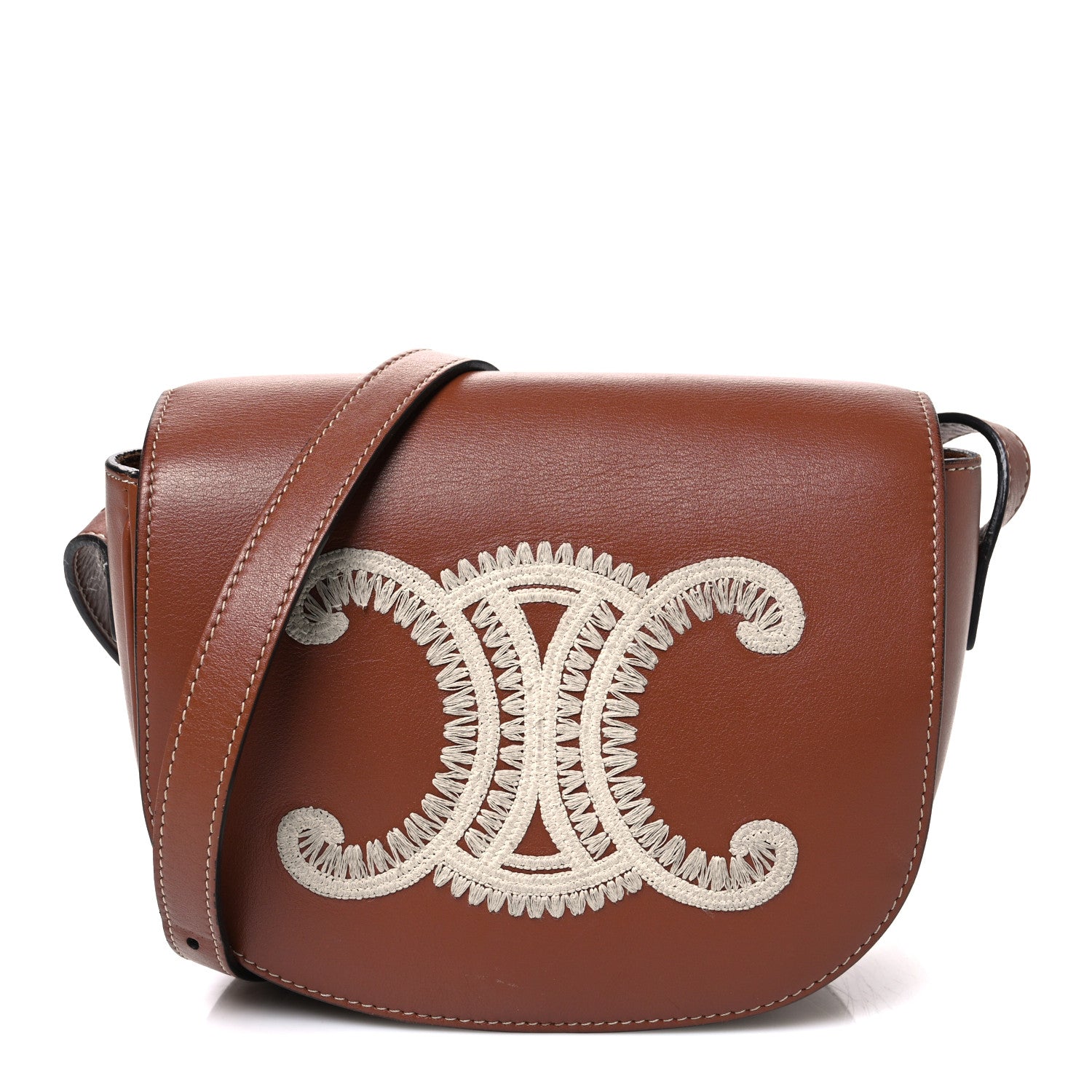 Celine Smooth Calfskin Cuir Triomphe Embroidered Folco Crossbody Bag Tan 1 of 10