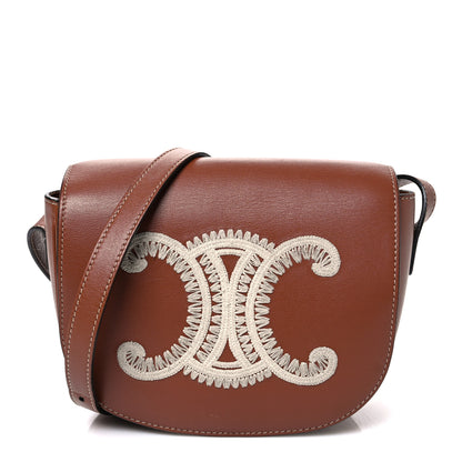 Celine Smooth Calfskin Cuir Triomphe Embroidered Folco Crossbody Bag Tan 1 of 10