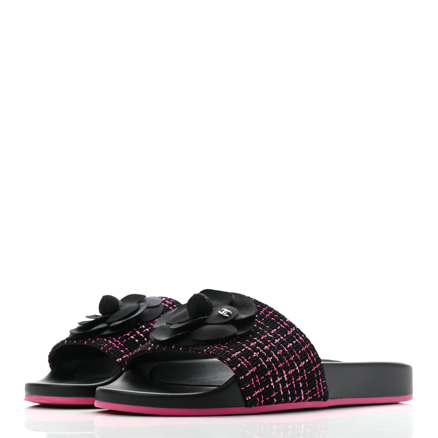 Tweed Grosgrain Camellia CC Flat Mules 40 Black Pink