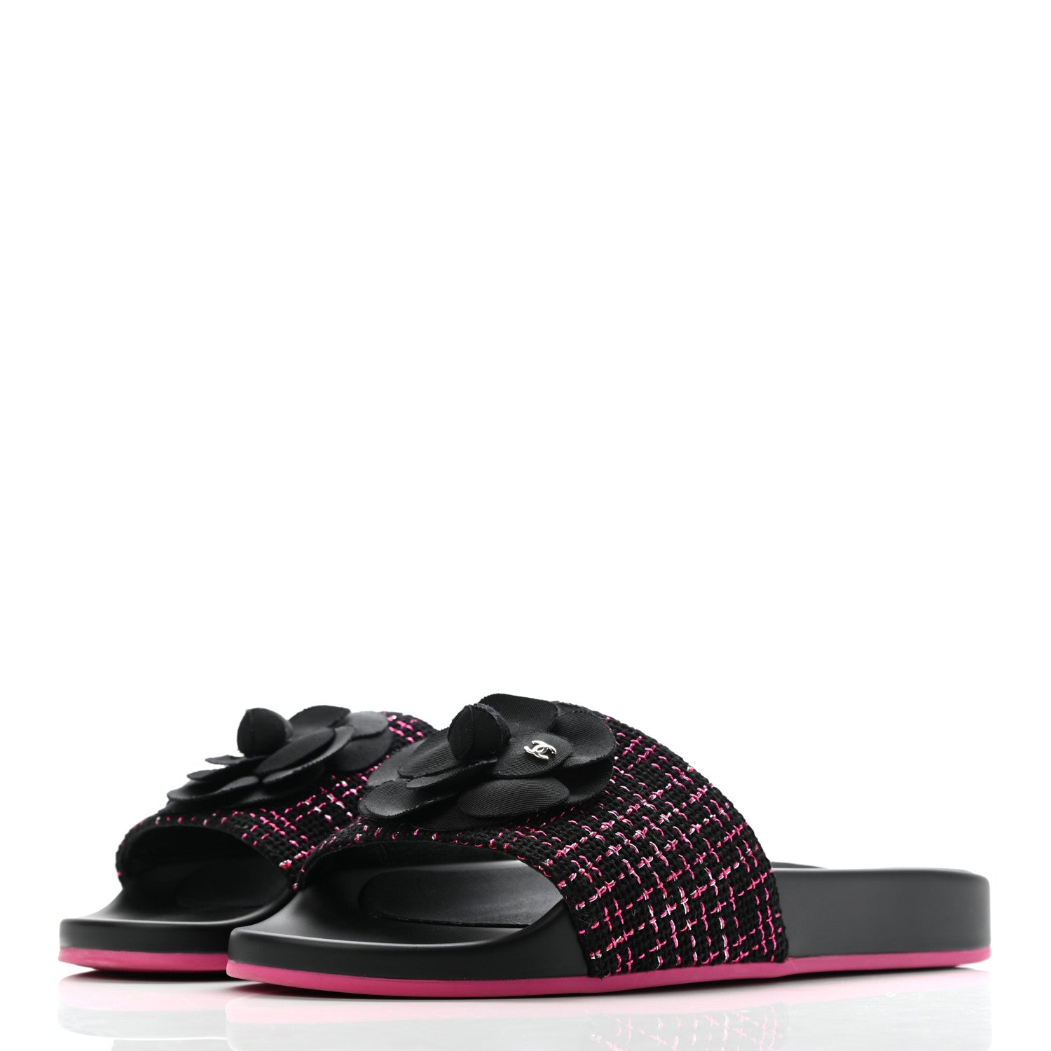 Chanel Tweed Grosgrain Camellia CC Flat Mules 40 Black Pink 3 of 11
