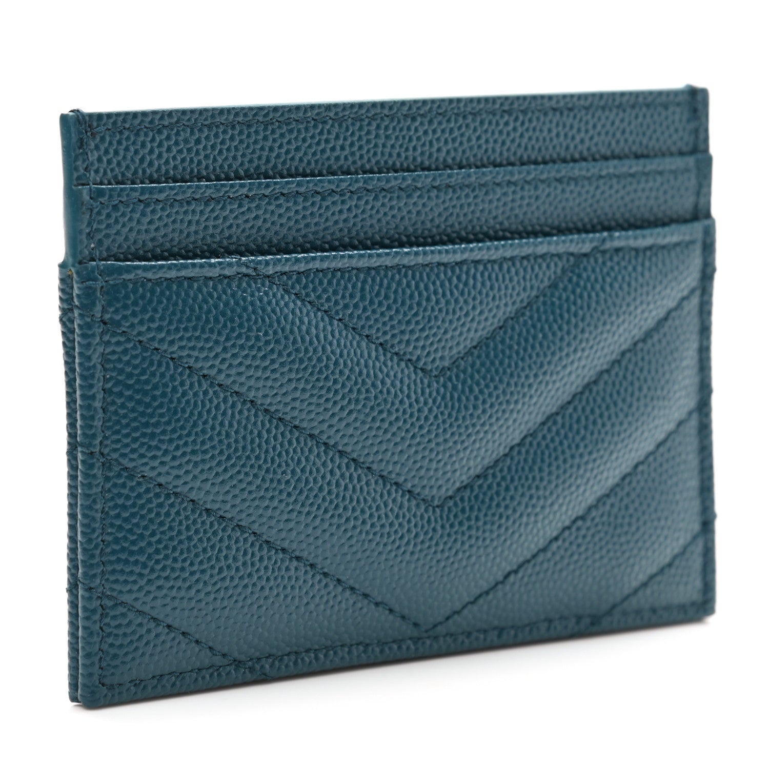 Saint Laurent Grain De Poudre Matelasse Chevron Monogram Credit Card Case Peacock Green 3 of 8