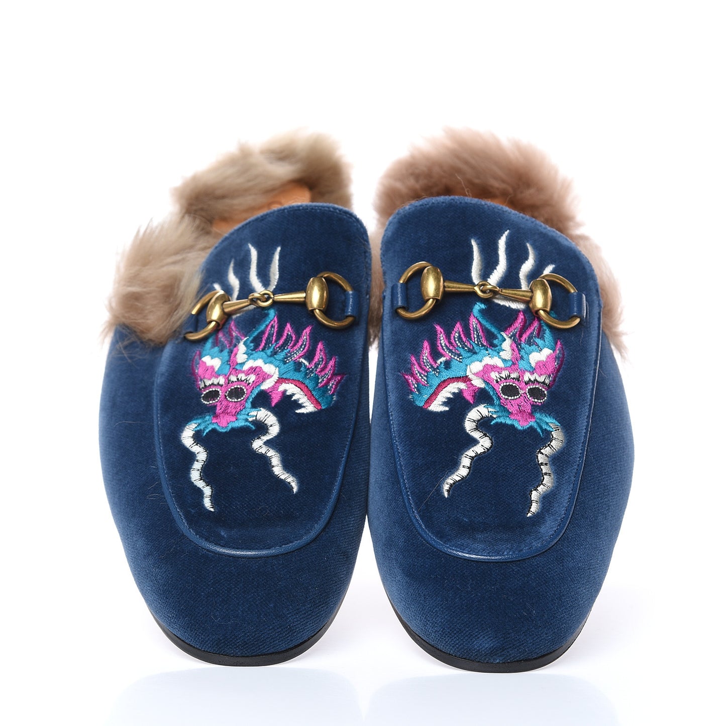Velvet Fur Dragon Embroidered Mens Princetown Slippers 7 Zaffre Dark Zaffre