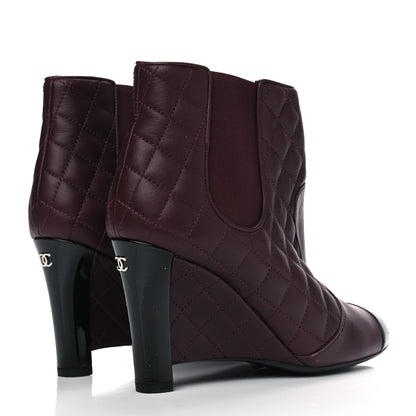Chanel Lambskin Patent Quilted Wedge Ankle Boots 38 Burgundy 3 of 5
