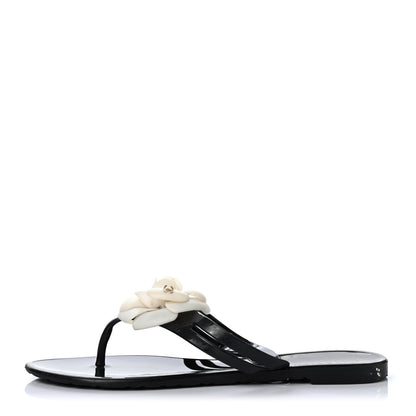 Chanel Jelly Camellia Thong Sandals 38 Black Ivory 1 of 4