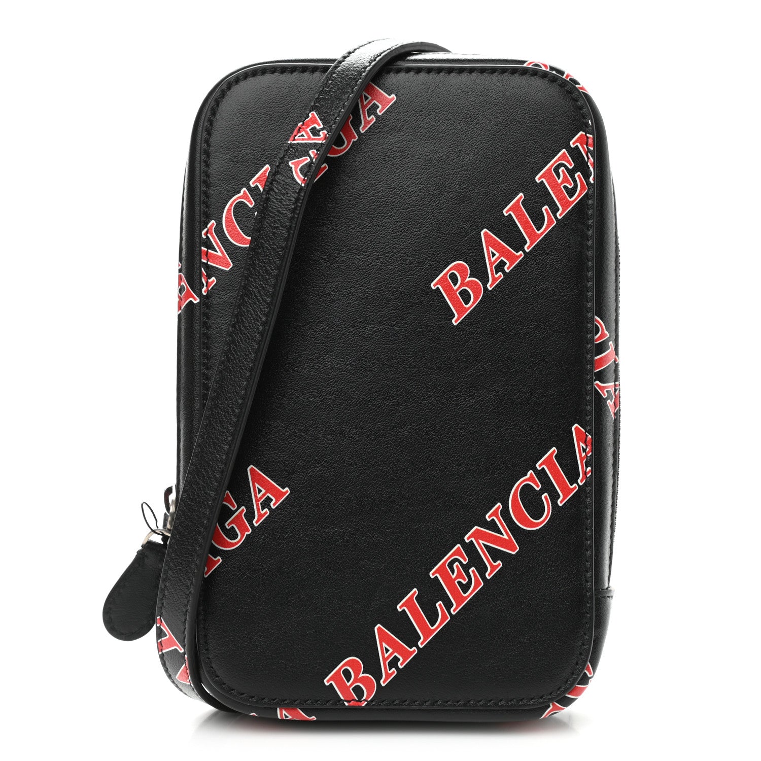 Balenciaga Calfskin Logo Print Cash Phone Holder Bag Black Red 1 of 8