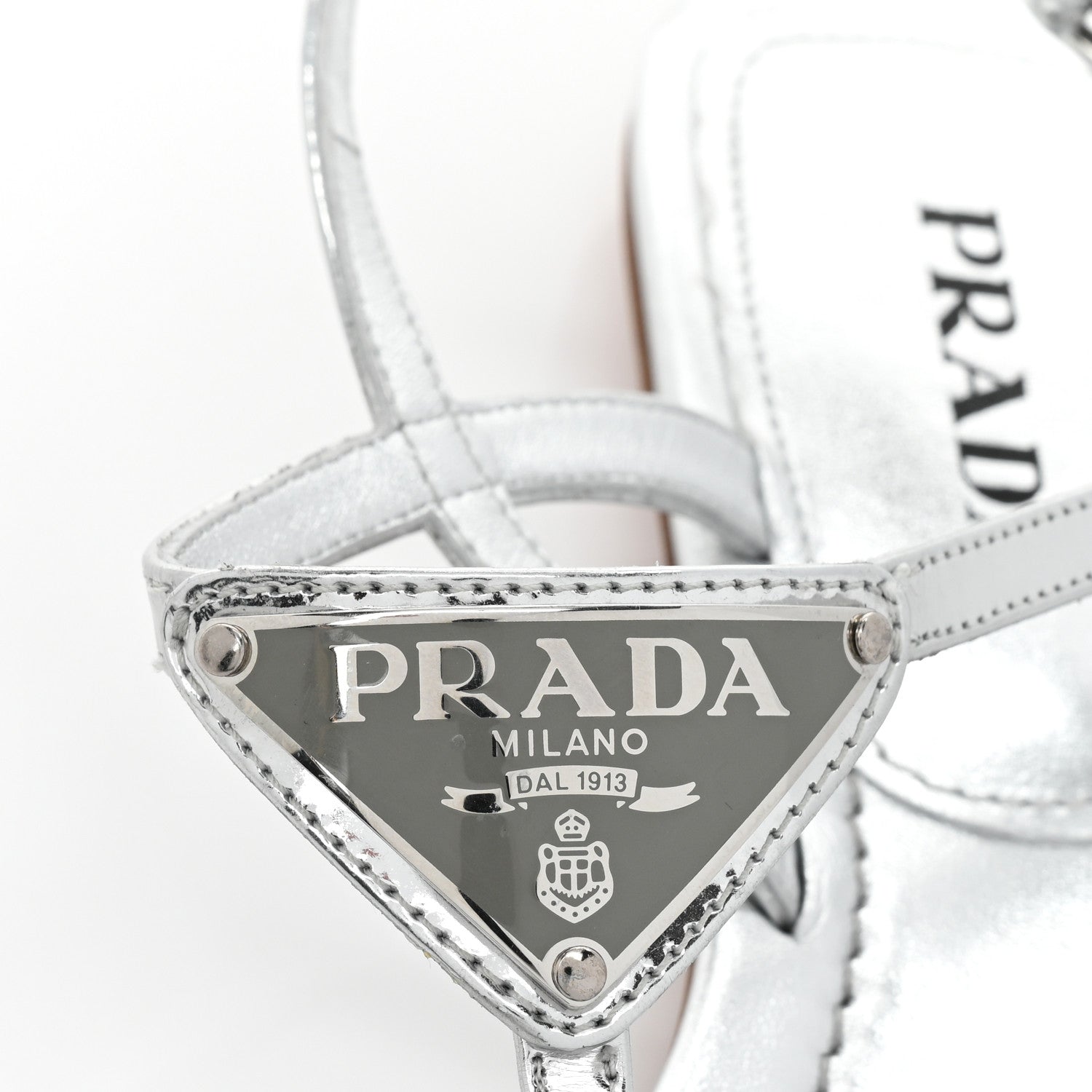 Prada Metallic Calfskin Metal Triangle Logo Slingback Flat Thong Sandals 38.5 Argento 9 of 12