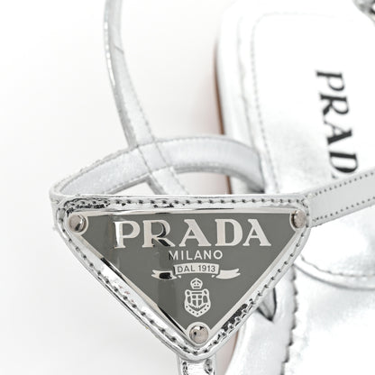 Prada Metallic Calfskin Metal Triangle Logo Slingback Flat Thong Sandals 38.5 Argento 9 of 12