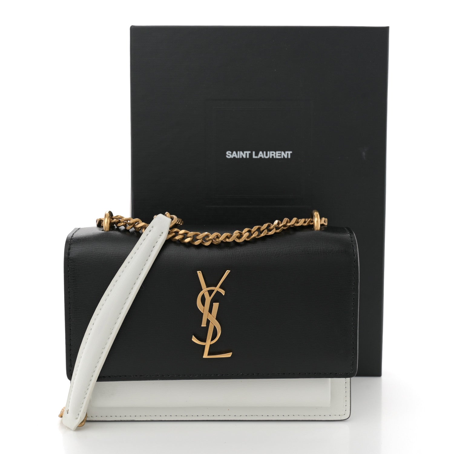 Saint Laurent New Aspen Calfskin Bi-Color Monogram Sunset Chain Wallet Black Dirty White 14 of 14