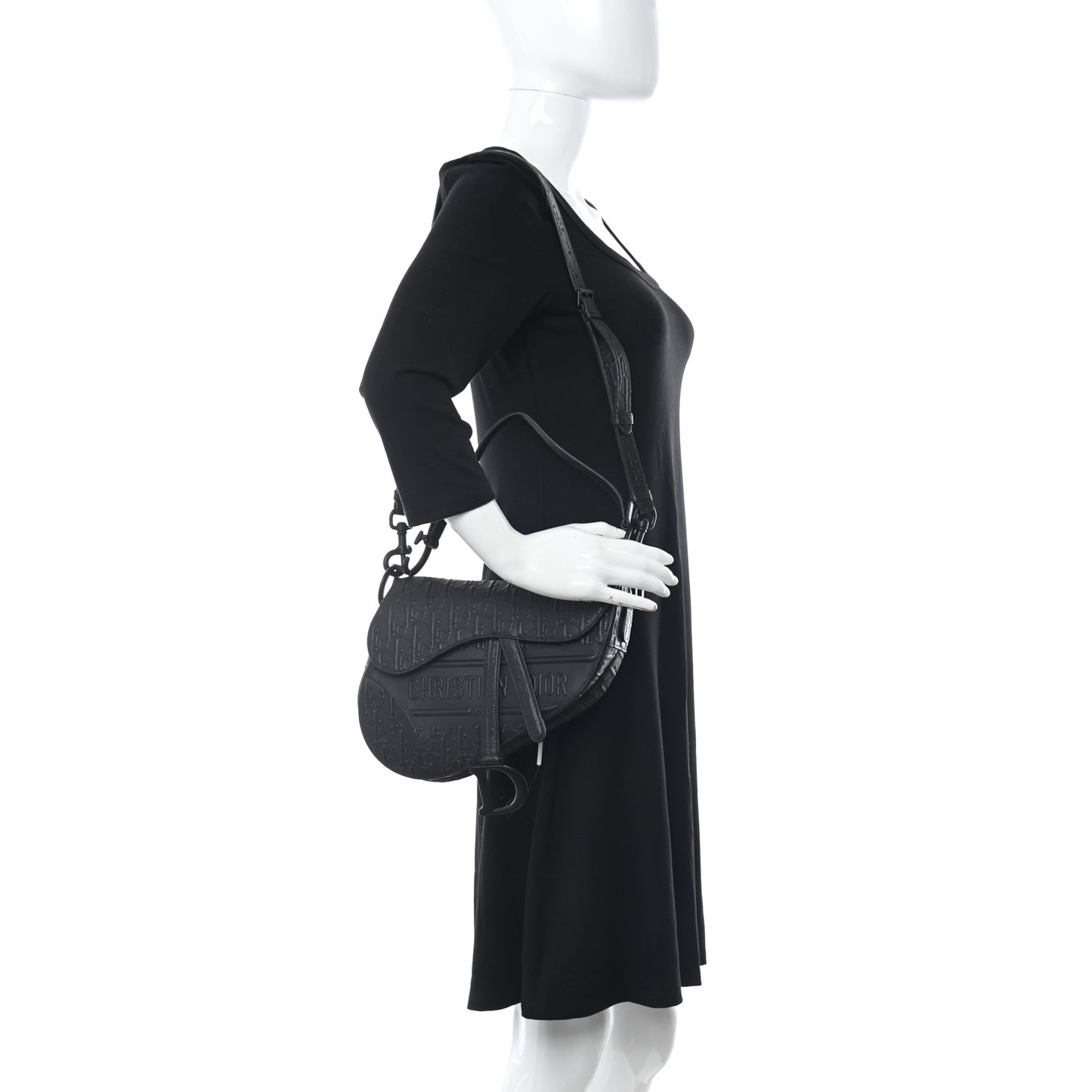 Calfskin Embossed Oblique Saddle Bag With Strap Black