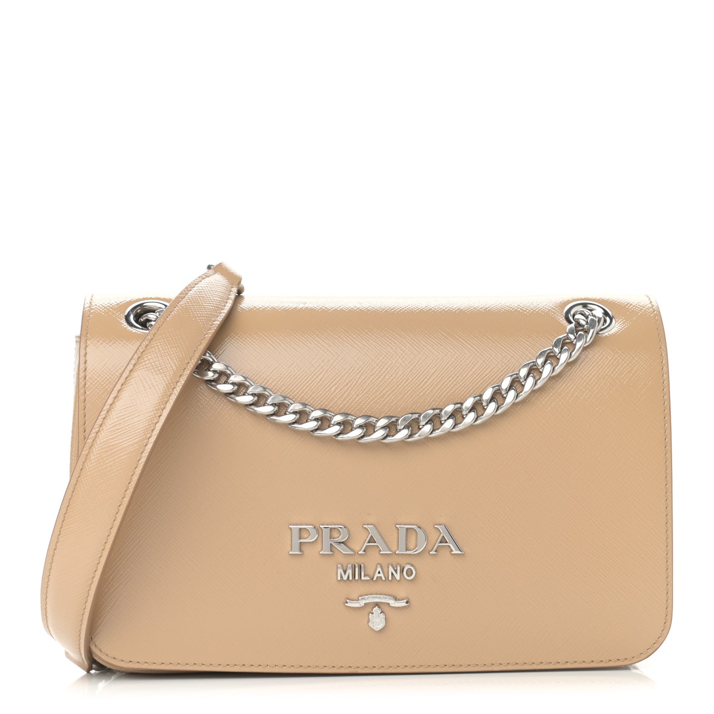 Saffiano Vernice Flap Chain Crossbody Bag Sabbia