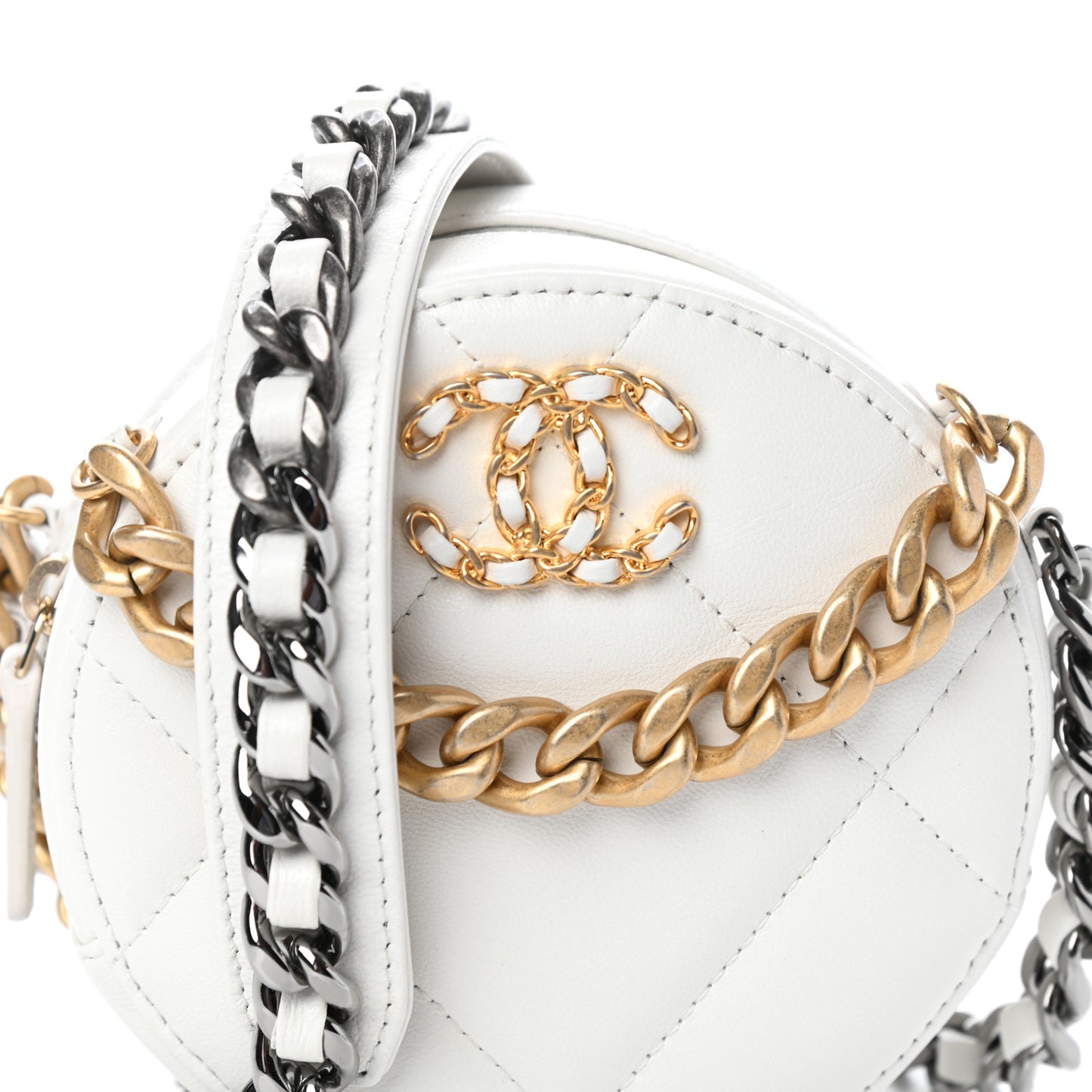 Goatskin Quilted Chanel 19 Round Clutch With Chain White