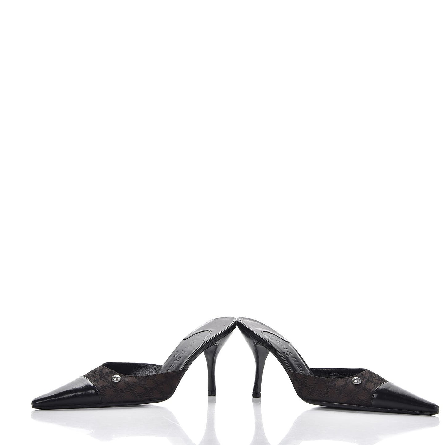 Canvas Calfskin Cap Toe Mules 38 Black Brown