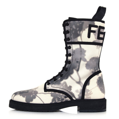 Fendi Canvas Floral Print Logo Bi-Color Womens Biker Boots 39 White Black 1 of 7