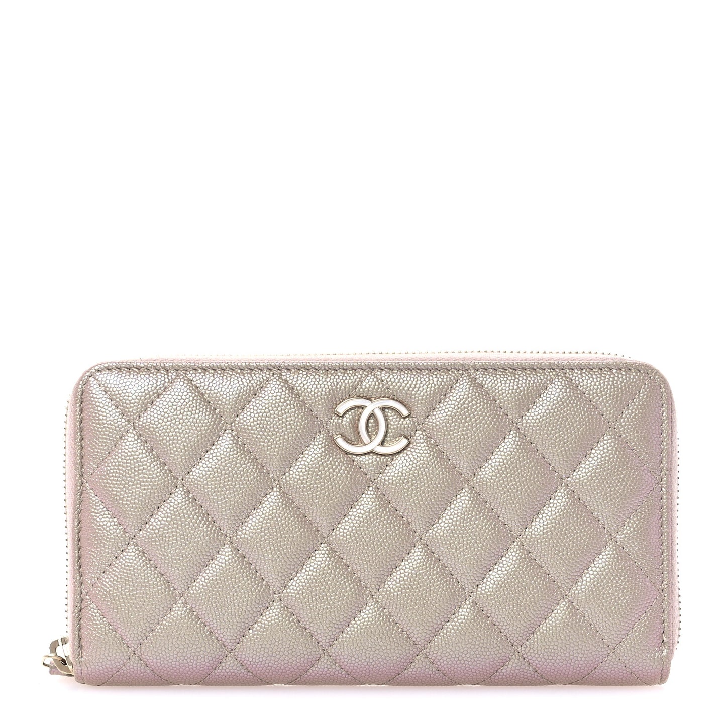 Iridescent Caviar Quilted Large Gusset Zip Around Wallet Beige