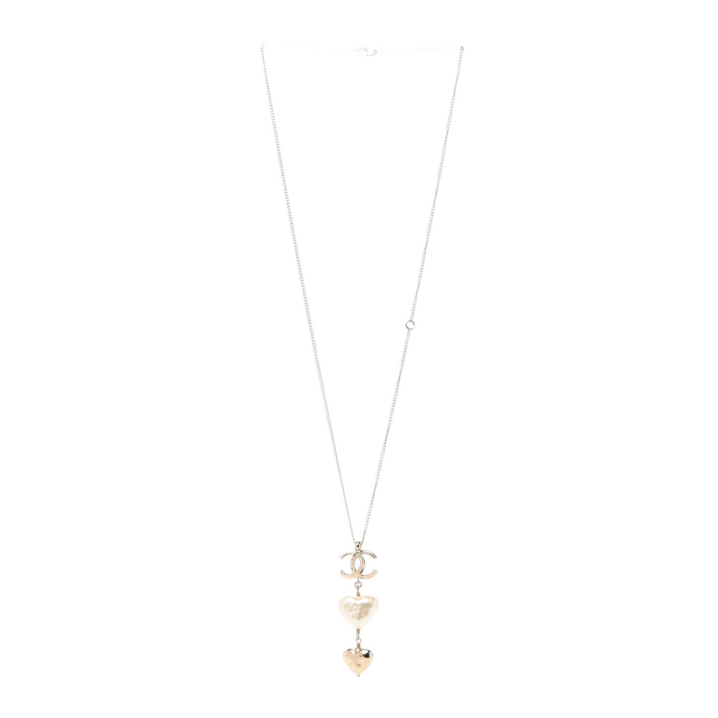 Pearl CC Double Heart Drop Necklace Pearly White Gold