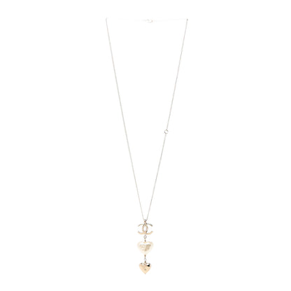 Chanel Pearl CC Double Heart Drop Necklace Pearly White Gold 3 of 4
