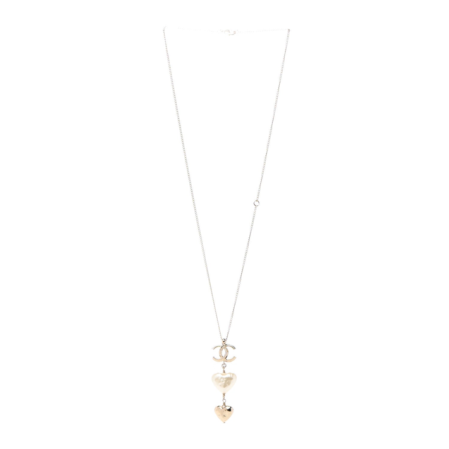 Chanel Pearl CC Double Heart Drop Necklace Pearly White Gold 3 of 4