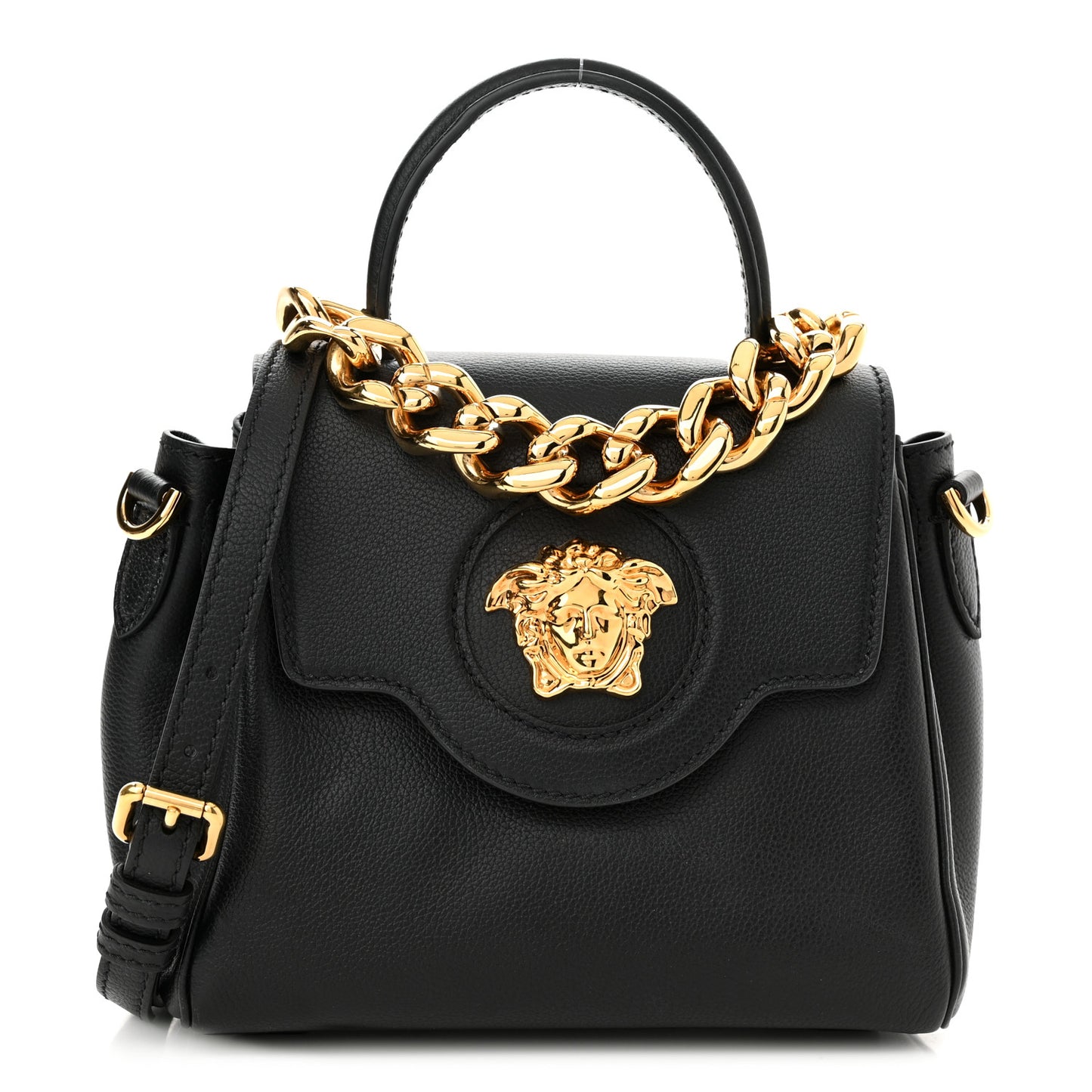 Grained Calfskin Small La Medusa Top Handle Bag Black