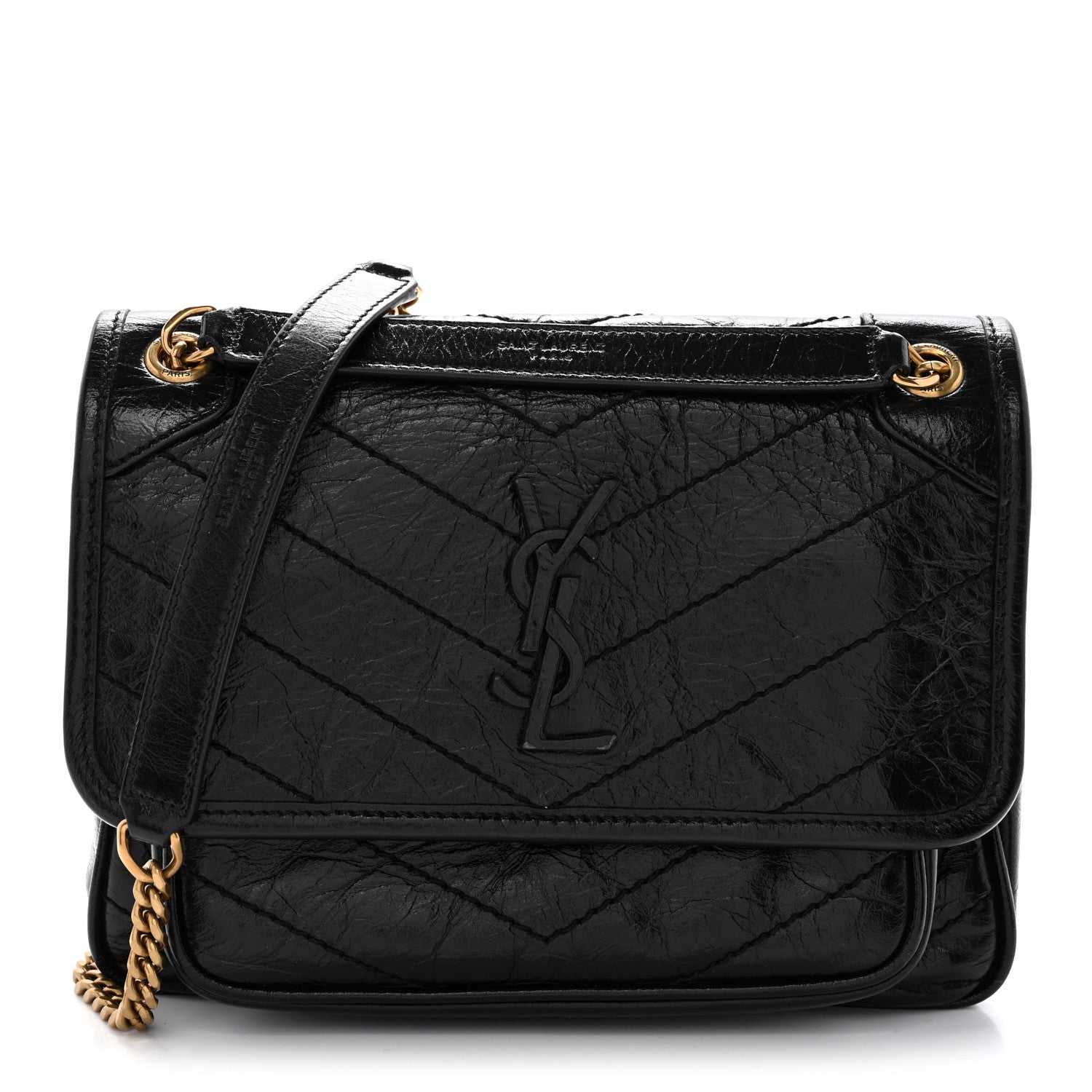 Saint Laurent Crinkled Lambskin Matelasse Monogram Baby Niki Chain Satchel Black 1 of 12