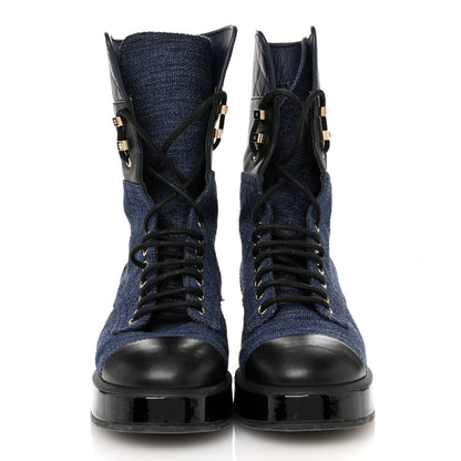 Chanel Fabric Patent Lambskin Quilted CC Lace Up Combat Boots 37 Navy Blue Black 3 of 11