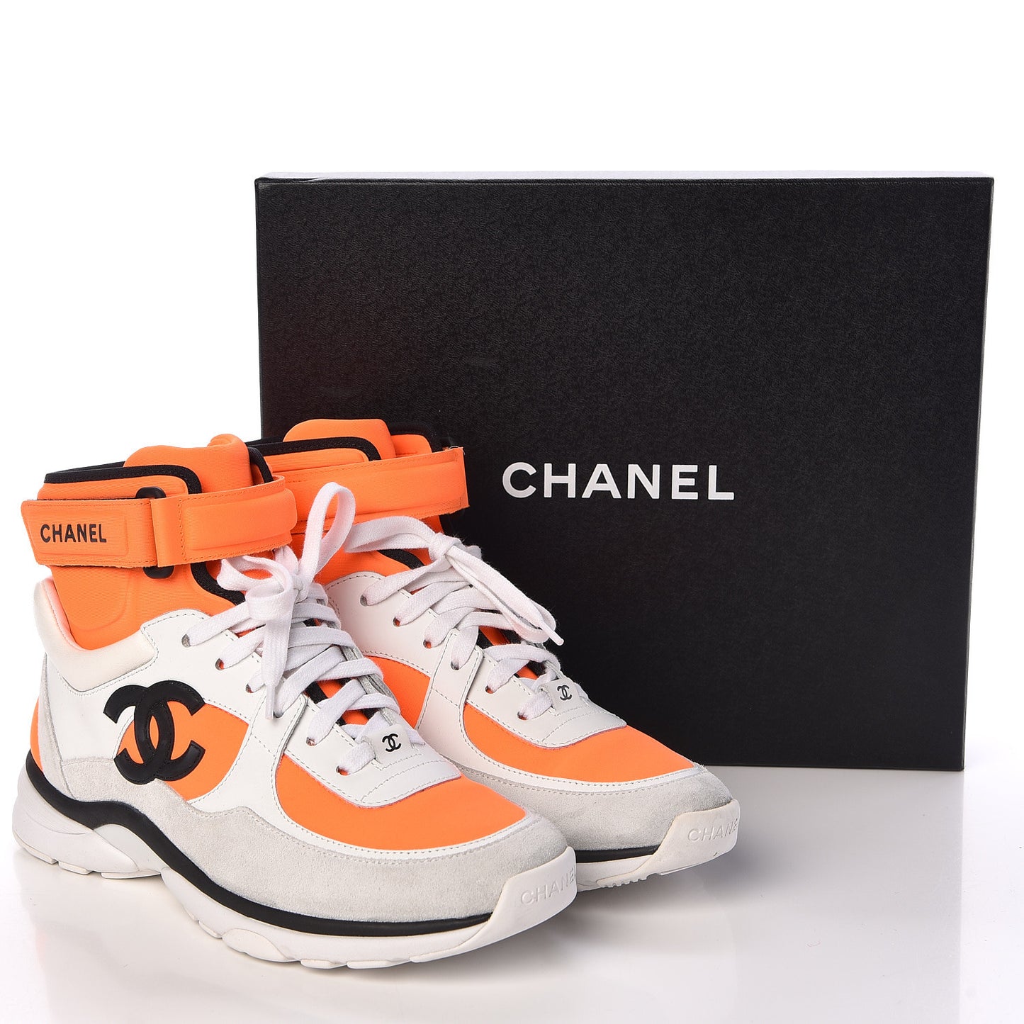 Suede Calfskin Lambskin Neoprene High Top CC Sneakers 37.5 White Fluo Orange