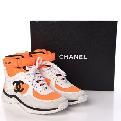 Chanel Suede Calfskin Lambskin Neoprene High Top CC Sneakers 37.5 White Fluo Orange 15 of 15