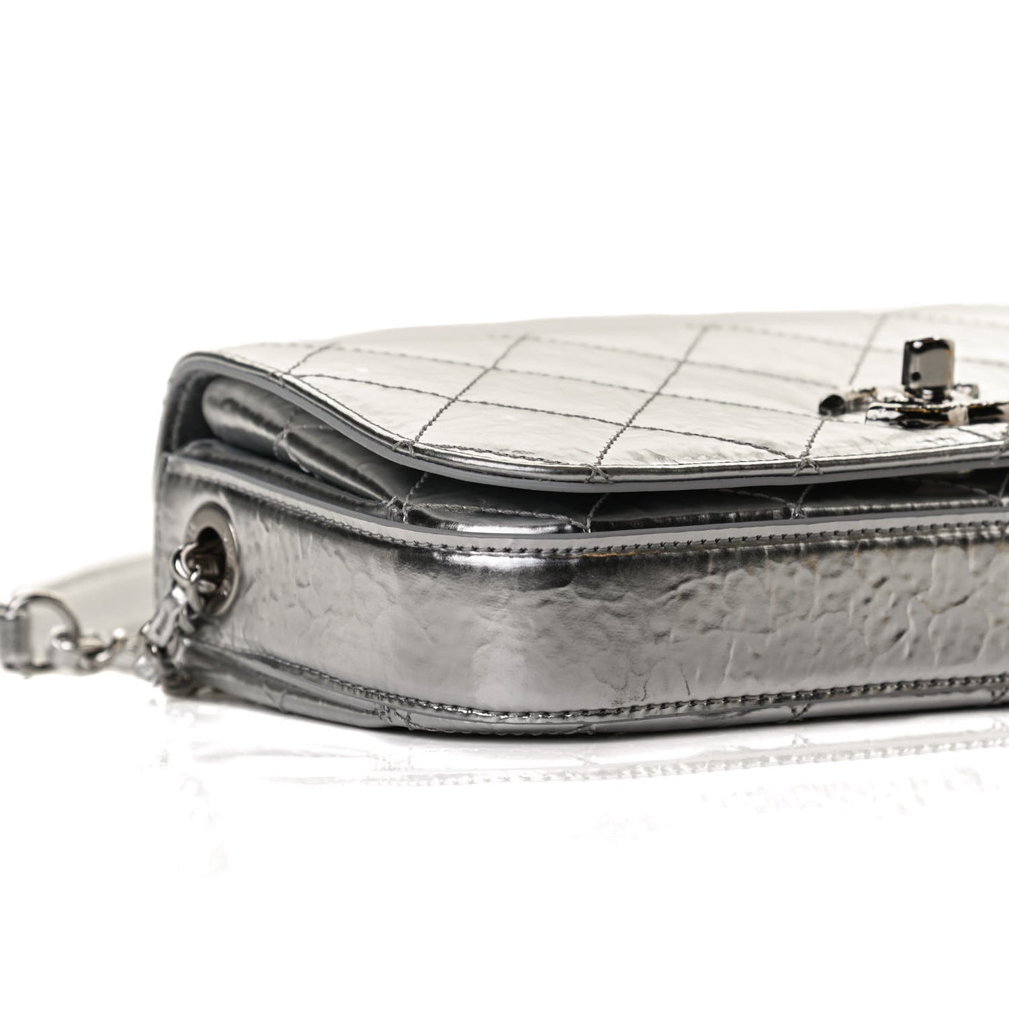 Hammered Metallic Calfskin Quilted Flap Silver
