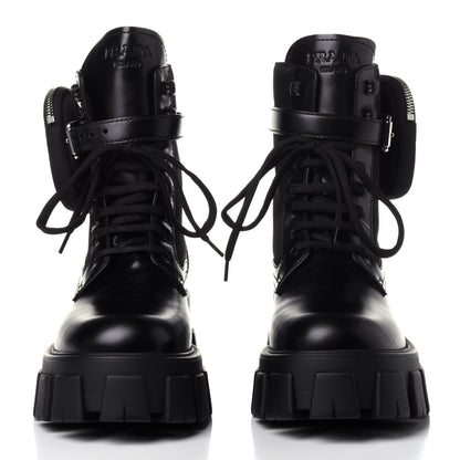 Prada Spazzolato Rois Nylon Metal Triangle Logo Monolith Pouch Pocket 55mm Boots 40 Black 2 of 11