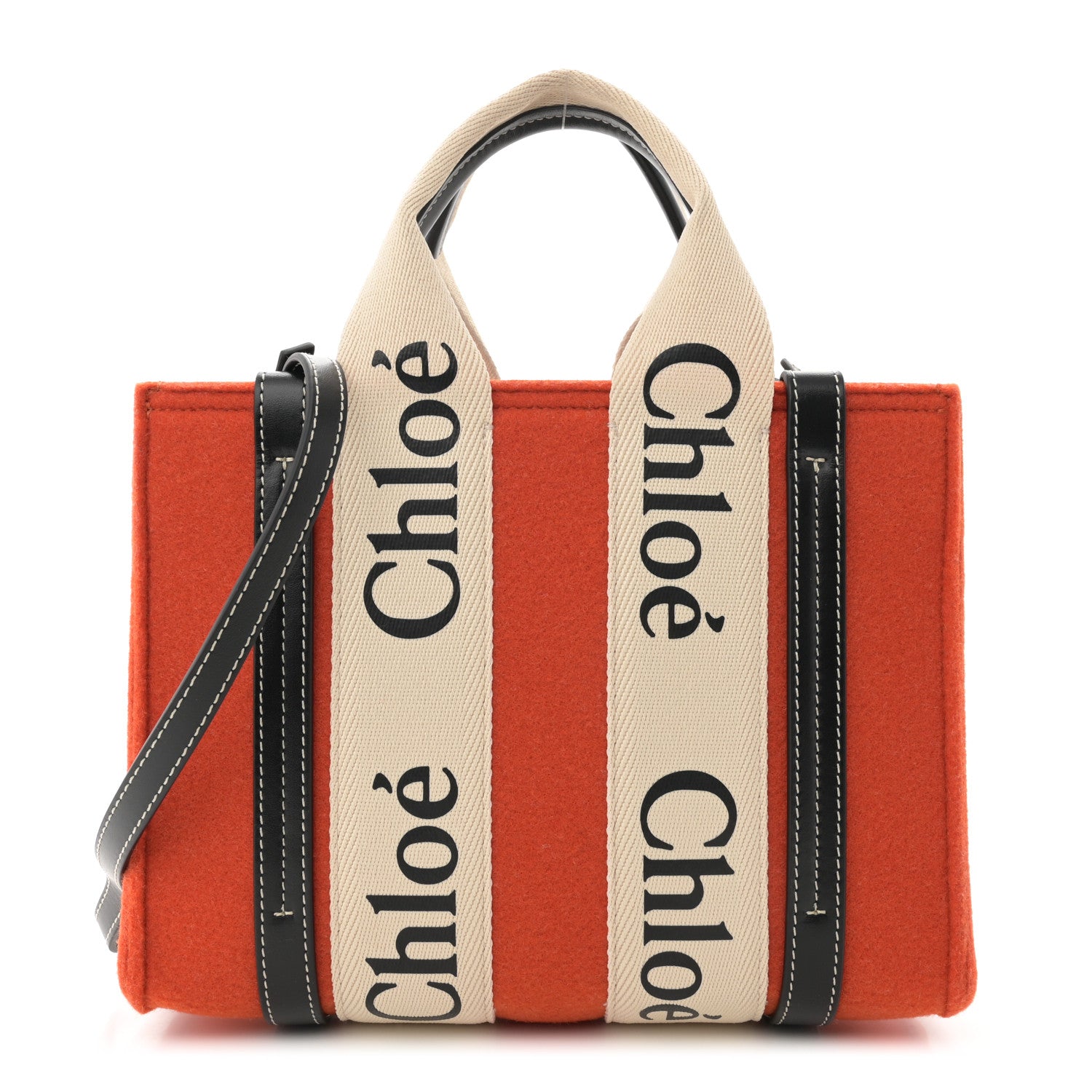 Chloe Felt Calfskin Small Woody Ribbon Tote With Strap Flame Orange 1 of 10