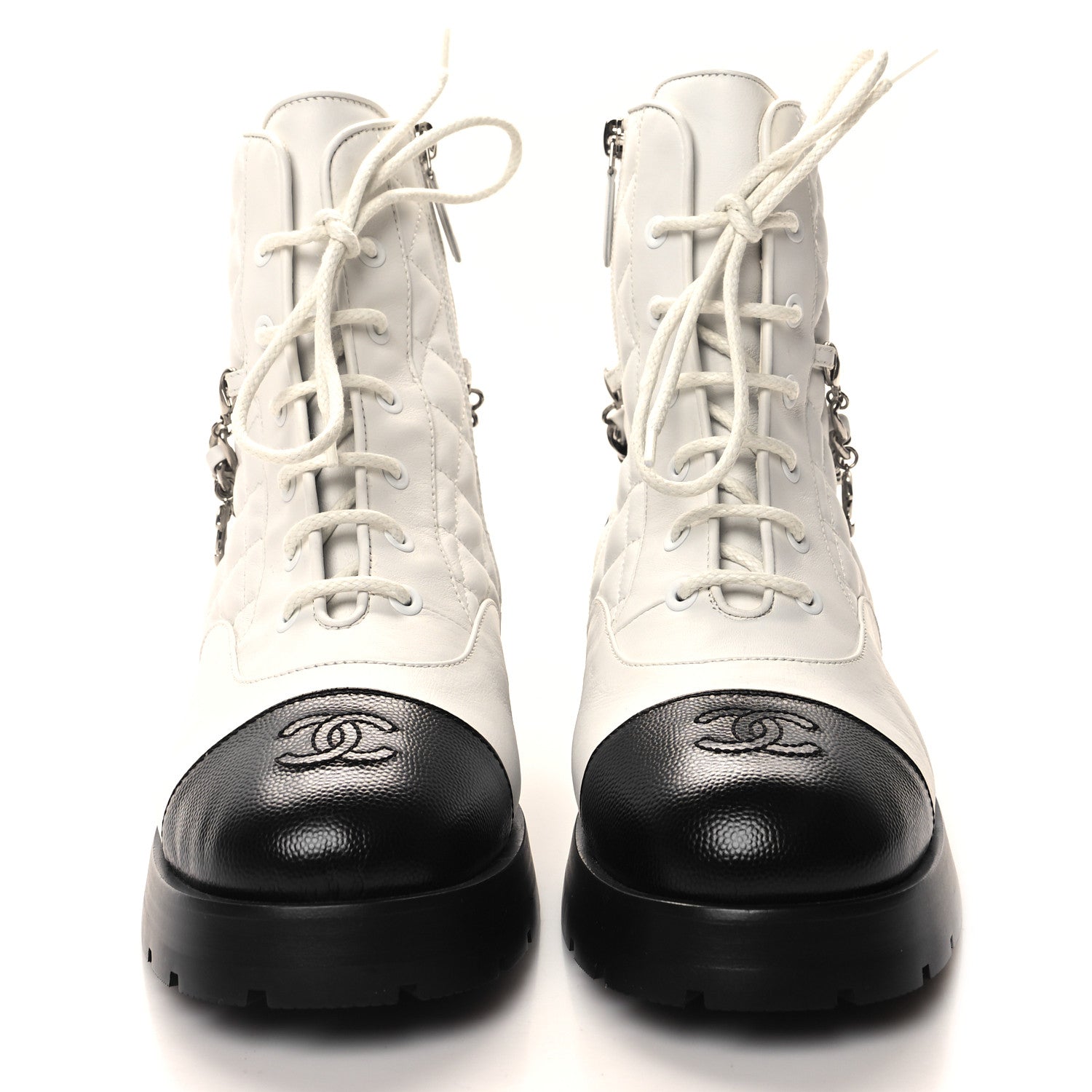 Chanel Caviar Calfskin Quilted Chain Lace Up Combat Boots 39.5 White Black 2 of 8