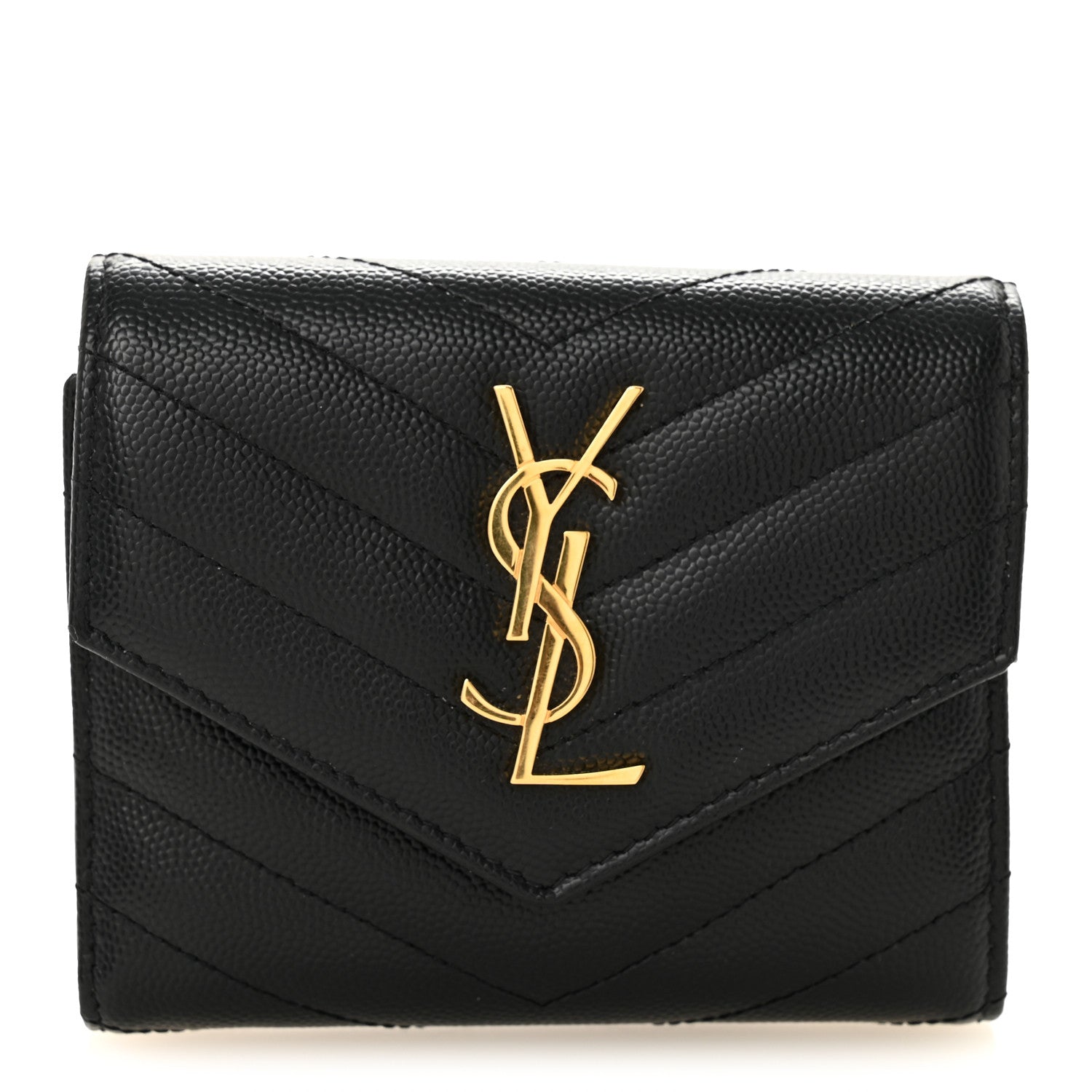 Saint Laurent Grain De Poudre Matelasse Chevron Monogram Compact Tri Fold Wallet Black 1 of 6