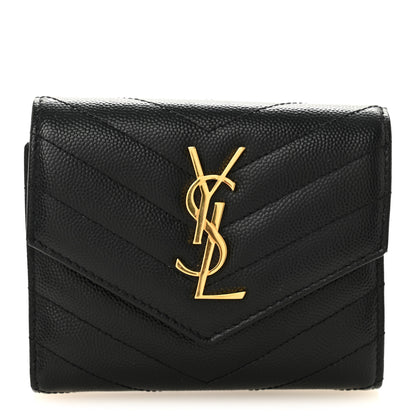Saint Laurent Grain De Poudre Matelasse Chevron Monogram Compact Tri Fold Wallet Black 1 of 6