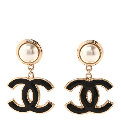 Chanel Pearl Enamel CC Drop Earrings Black 1 of 4