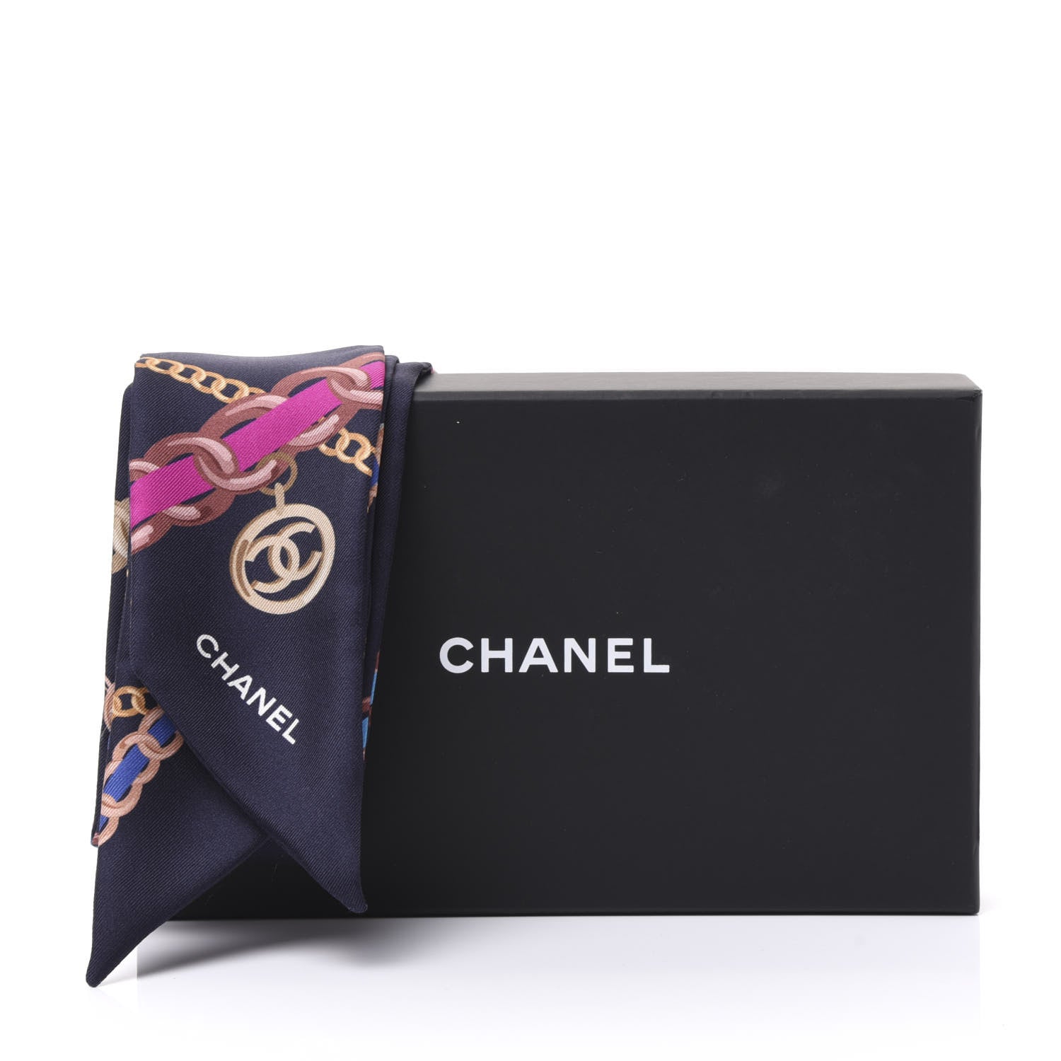 Chanel Silk Pearl CC Chain Slim Bandeau Scarf Navy Blue 4 of 4