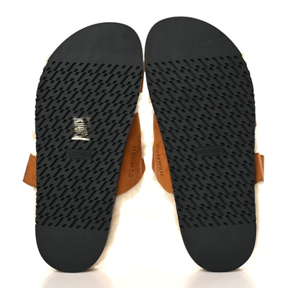 Hermes Suede Goatskin Woolskin Womens Chypre Sandals 39 Brun Fume Ecru 5 of 8