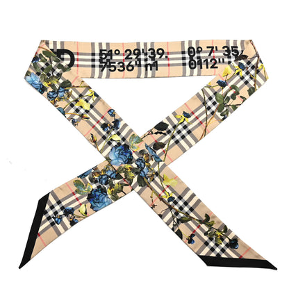Burberry Silk Floral Check Print Skinny Scarf Beige 1 of 3