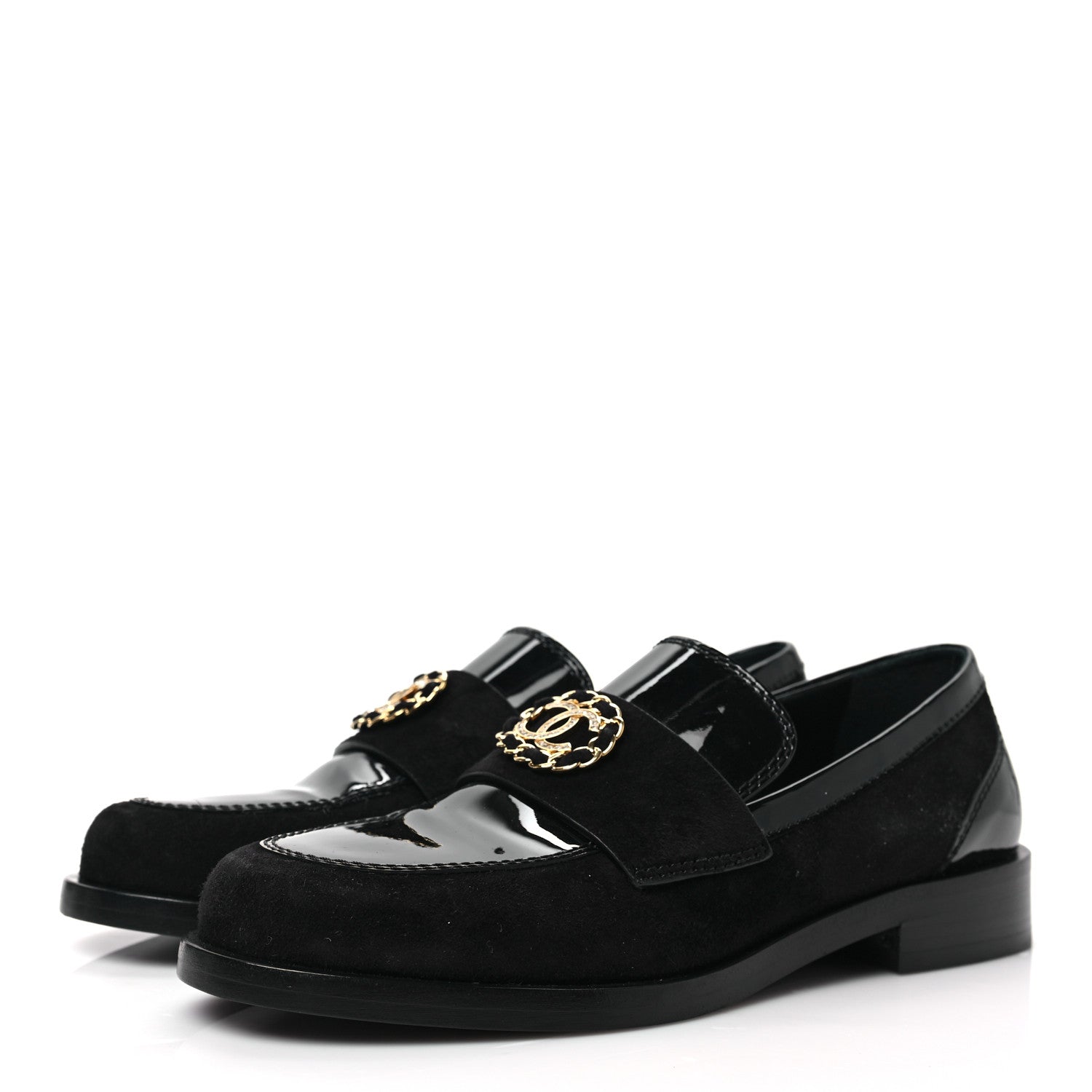 Chanel Patent Calfskin Suede Kidskin CC Mocassin Loafers 37 Black 3 of 8