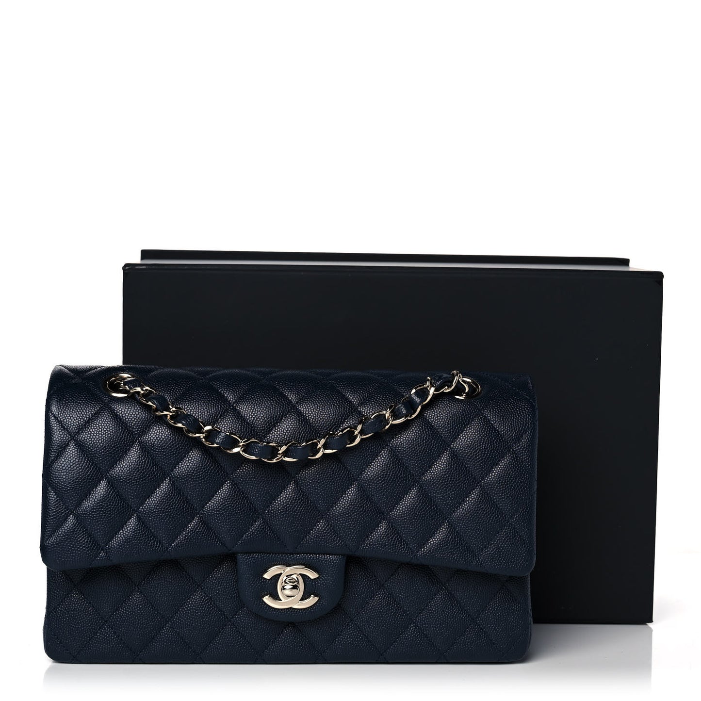 Caviar Quilted Medium Double Flap Navy