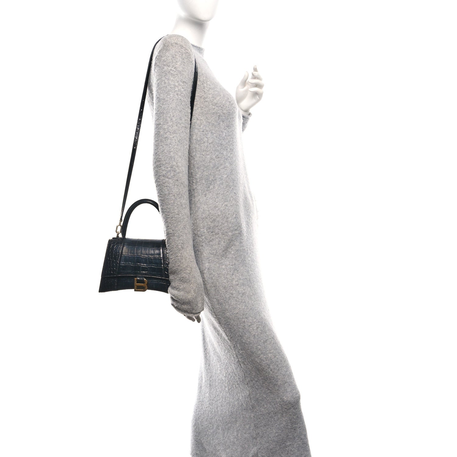 Balenciaga Shiny Calfskin Crocodile Embossed Small Hourglass Top Handle Bag Black 2 of 12
