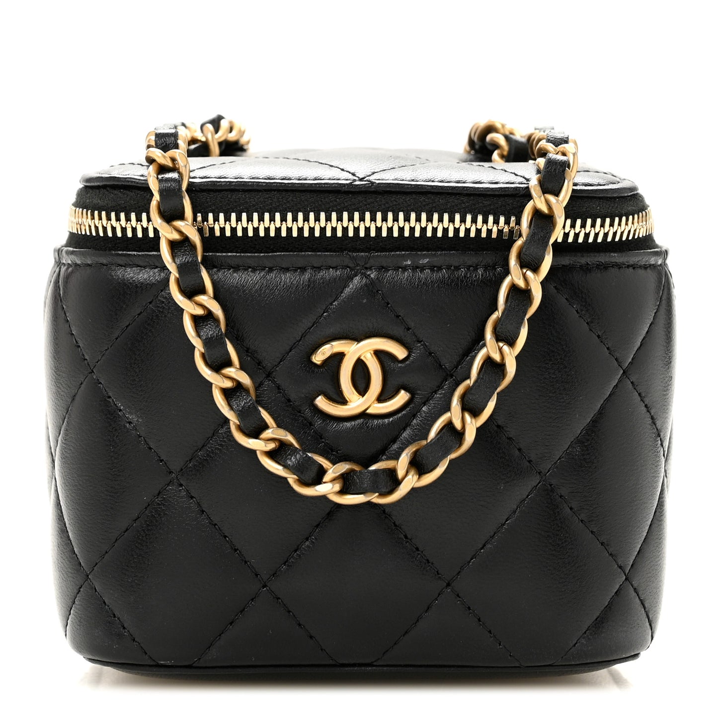 Lambskin Quilted Mini Pearl Crush Vanity Case With Chain Black