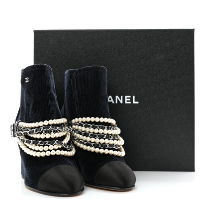 Chanel Velvet Satin Cap Cap Toe Short Boots 39 Navy Black 12 of 12